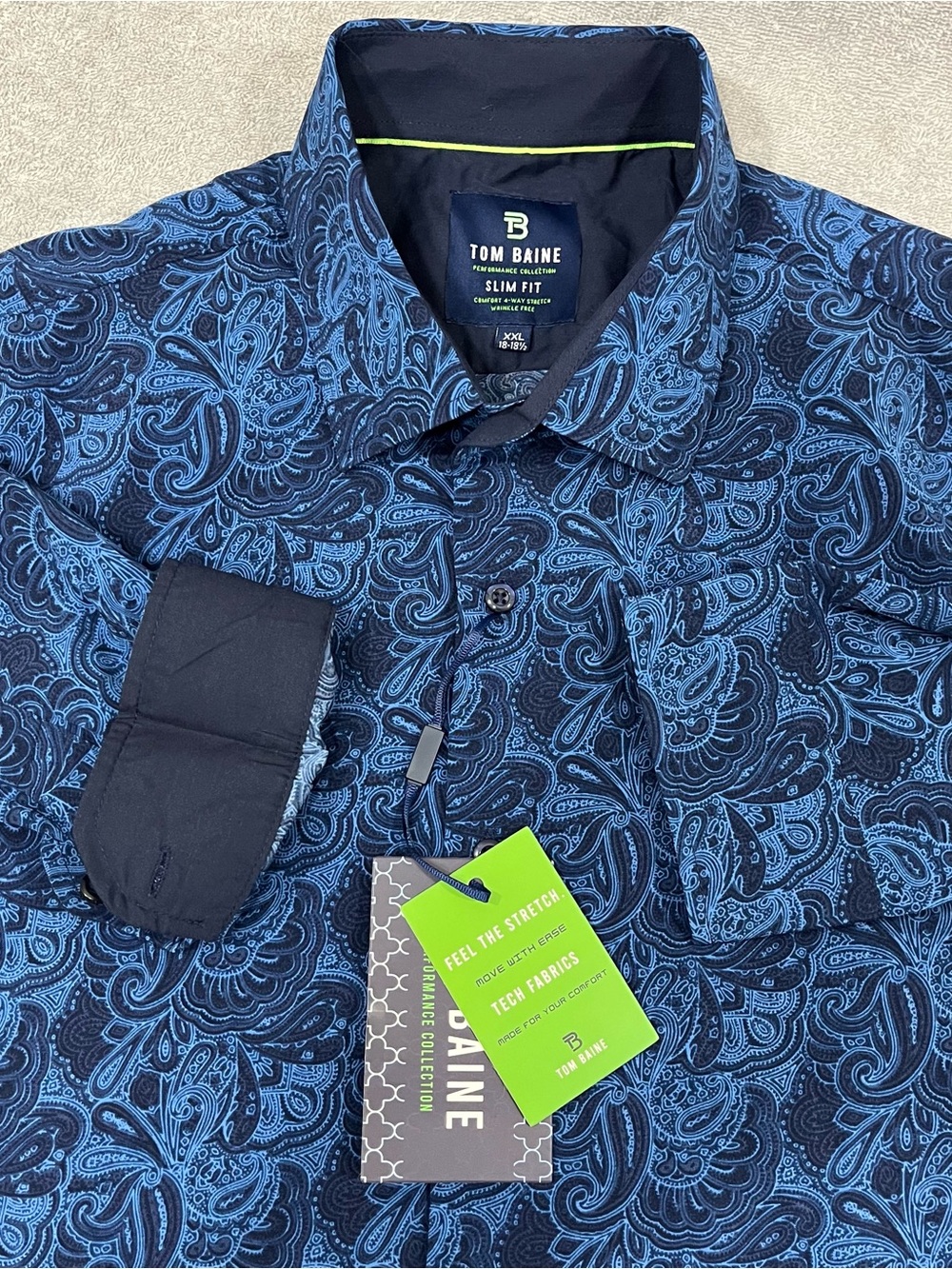 Tom Baine Dress Shirt Slim Fit Performance XXL 18-18.5 Blue Paisley AOP NWT
